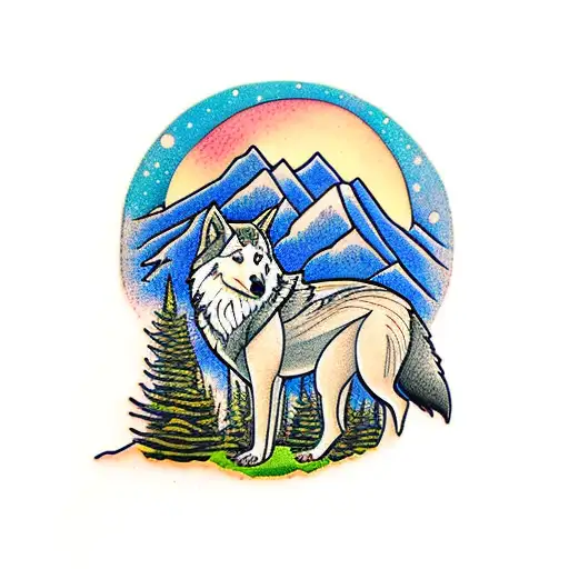 Mountain Scene With Wolf At Night