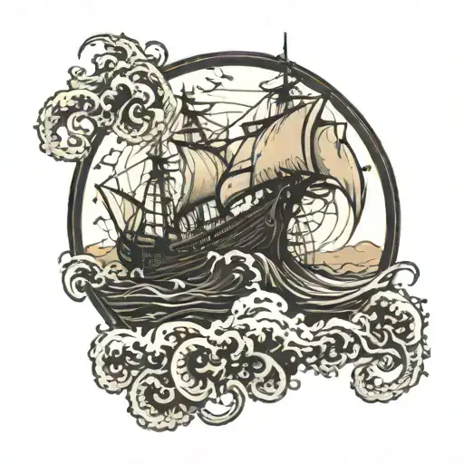 Kraken Attacking A Ship Circle Shape