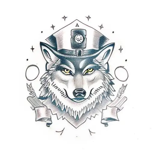 A Traditional Wolf Wearing A Steampunk Top Hat And Monocle