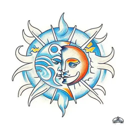 A Traditional-style Tattoo Of A Sun And Moon Fused Together With A Guitar In The Center