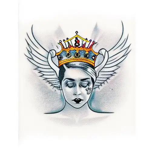 English Text Mishka With Queen Crown And Wings