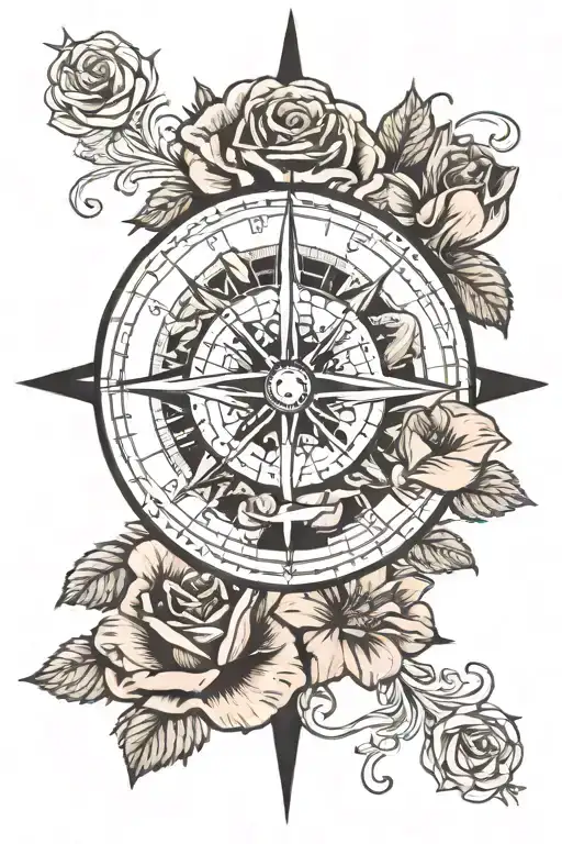 Roses And Poppies Around A Compass Rose Intertwined
