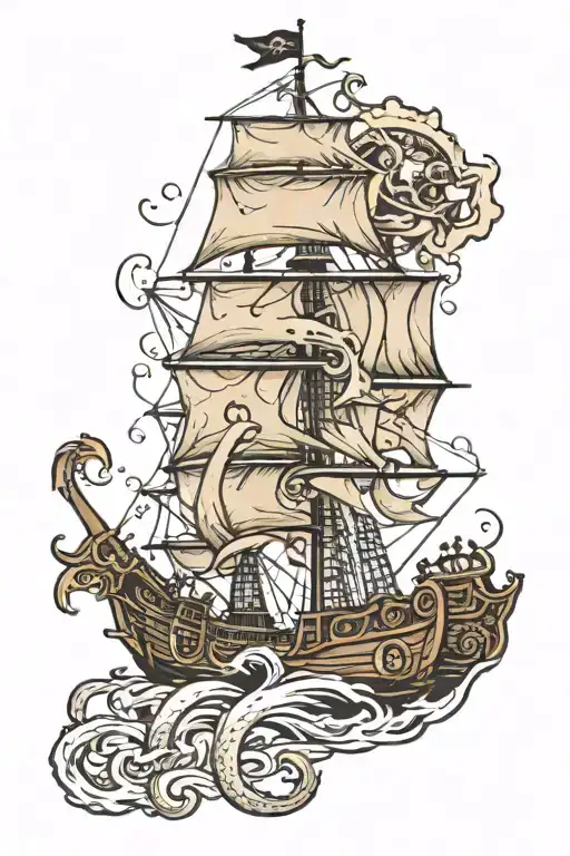 Pirate Ship With Mermaid And Kraken Emerging From The Depths