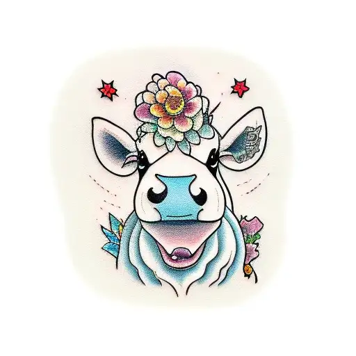 A Cartoon Cow Sitting Down Smelling A Flower