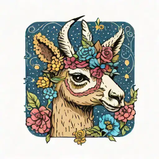 Colorful Llama With Flower Crown Knitting A Blanket