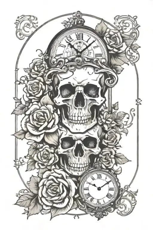 Skull Inside Clock With Flowers Surrounding