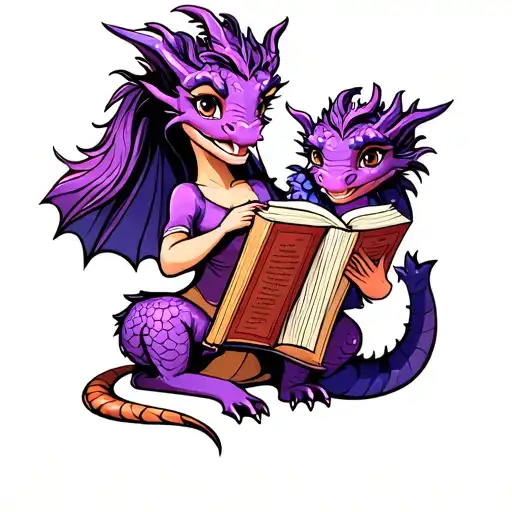 Cartoon Mommy And Baby Dragon With Purple Hair Tattoo Holding Open Book