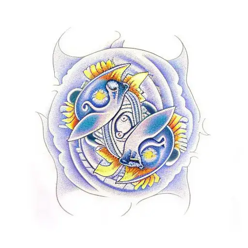 Japanese Kio Fish Yingyang With Waves And Lotus Flower