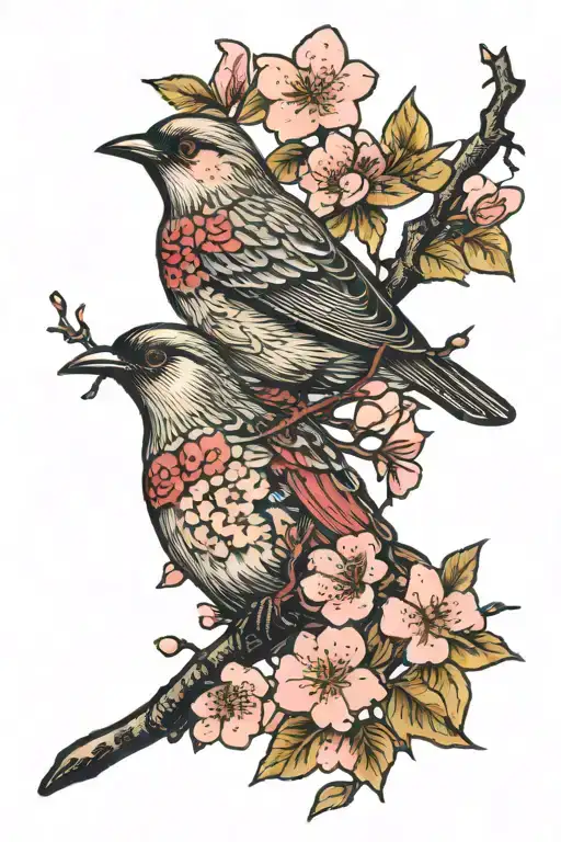 A Bird Wrapped In Cherry Blossom Branches