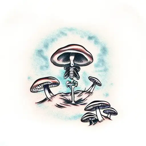 Skeleton Reaching Hand Up Past Mushrooms