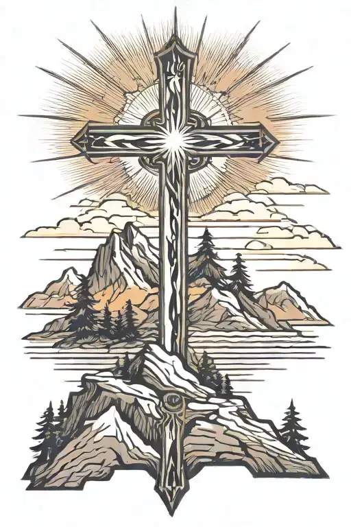 Beautiful Cross On The Top Of A Moutain With Sunrise Integrated