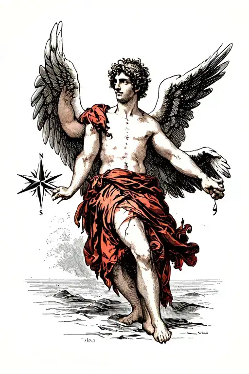 A Male Angel Who Falls Downwind Tending An Arm Towards A Compass
