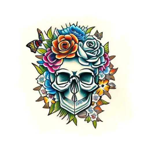 Skull Made From Flowers And Butterflies