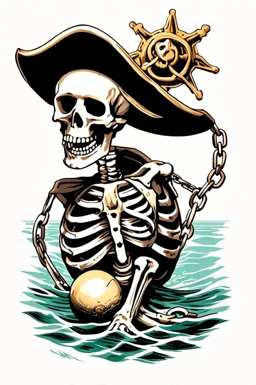 Pirate Skeleton With Ball And Chain Wrapped Around Foot Sinking In Ocean