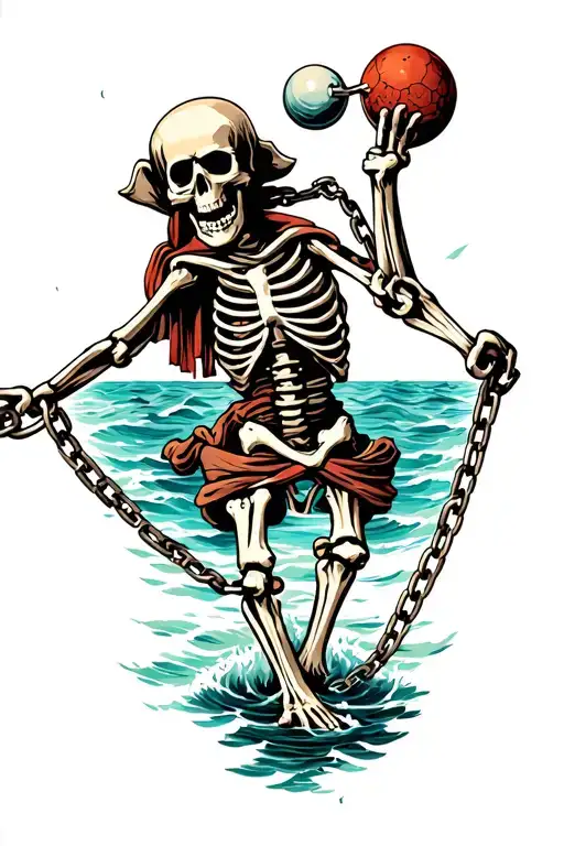 Prisoner Pirate Skeleton With Ball And Chain Wrapped Around Foot Sinking In Ocean