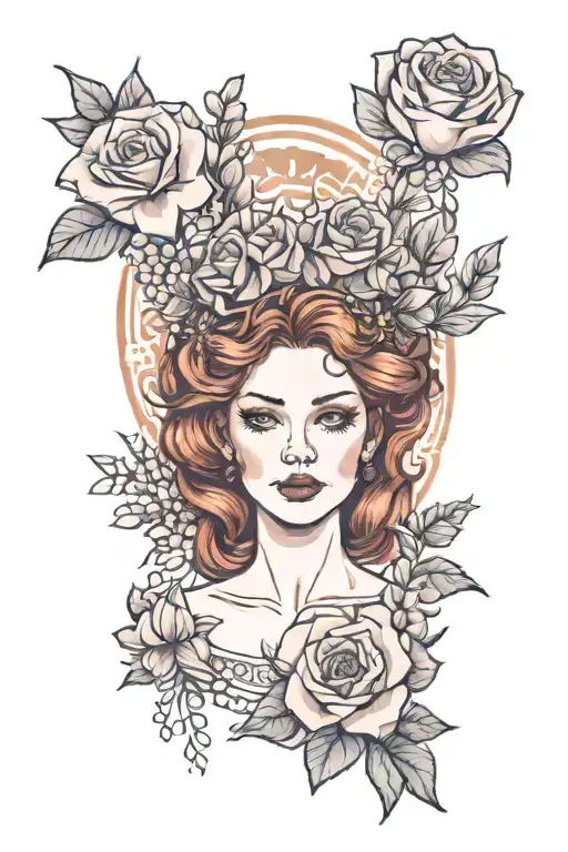 Redhead Woman With Rose Gold Crown Surrounded By Lilac Flowers