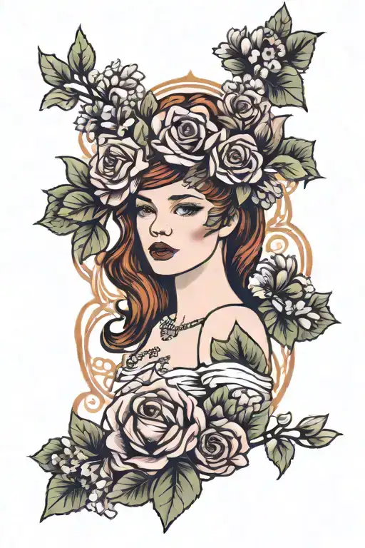Redhead Woman With Rose Gold Crown Surrounded By Lilac Flowers