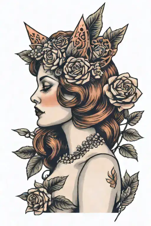 Redhead Woman With Rose-gold Colored Crown Surrounded By Lilac Flowers