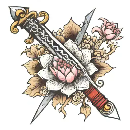 Sword Tattoo With Lotus Flowers Coming Out Of It