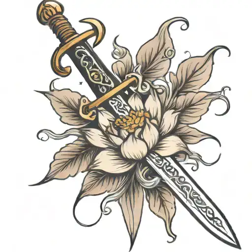 Sword Tattoo With Lotus Flowers Coming Out Of It