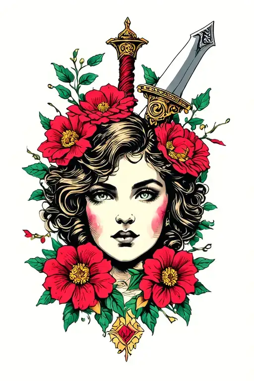 Dagger With Flowers And Woman's Face