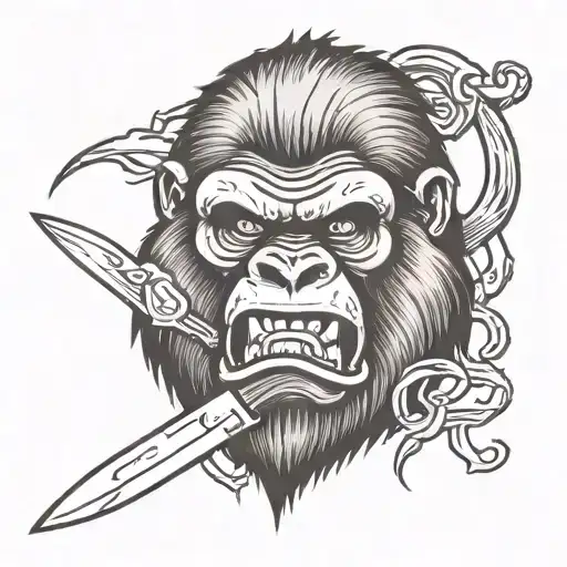 Angry Gorilla Head With Fangs And Knife In Blood