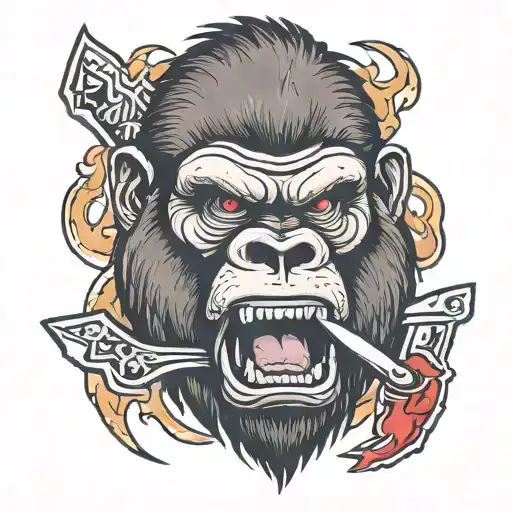 Angry Gorilla Head With Fangs And Knife In Blood