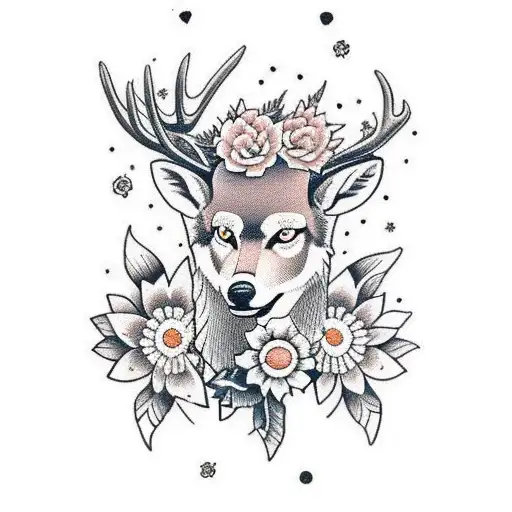 A Deer And A Wolf With Flowers Surrounding Them