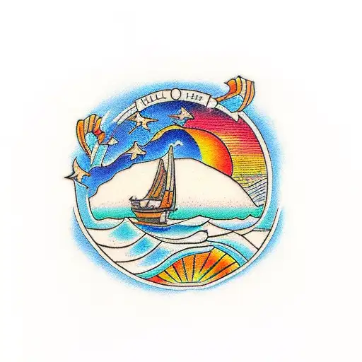 A Traditional-style Tattoo Featuring A Picturesque Sunset Over The Sea