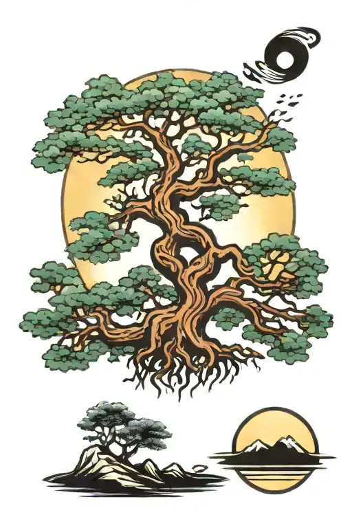 Tree Of Life With Japanese Sun In The Corner