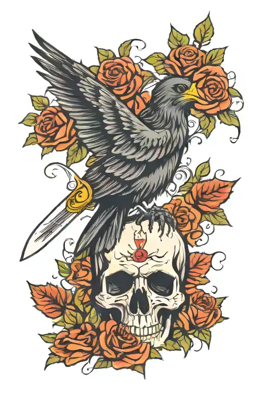 Skull With A Knife A Crow With Roses