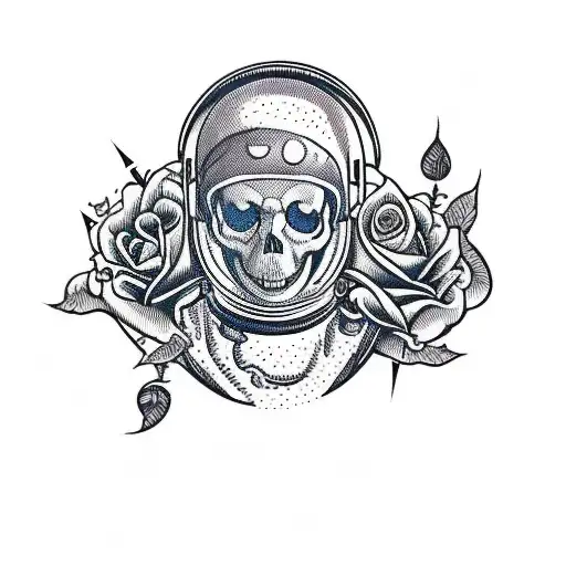 A Skull Of An Astronaut In Space Helmet And Roses With Planets And Stars In The Background