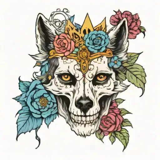 Wolf Skull With Flowers And A Crown Surrounded By Bold Flowers Woman