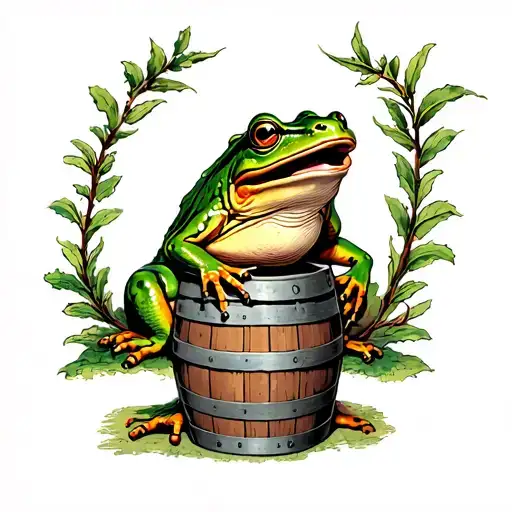 Old School Traditional Style Frog Crying Side View Sitting On A Barrel