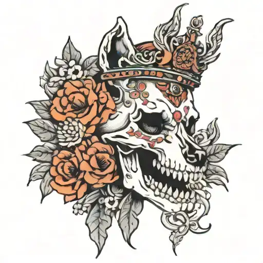 Wolf Skull With Flowers And A Crown Surrounded By Bold Flowers Woman