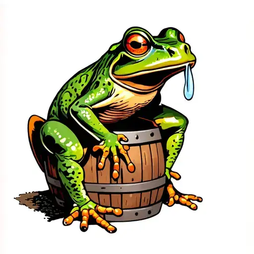 Old School Traditional Style Frog Crying Side View Sitting On A Barrel In A Sailor Jerry Style