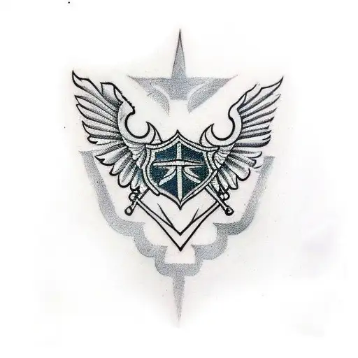 Shield With Hammer Symbol On It And Wings Coming Out From Behind It