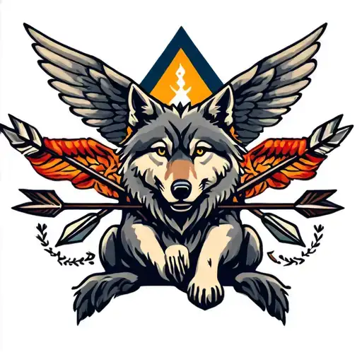 Wolf With Arrows And Wings Sitting