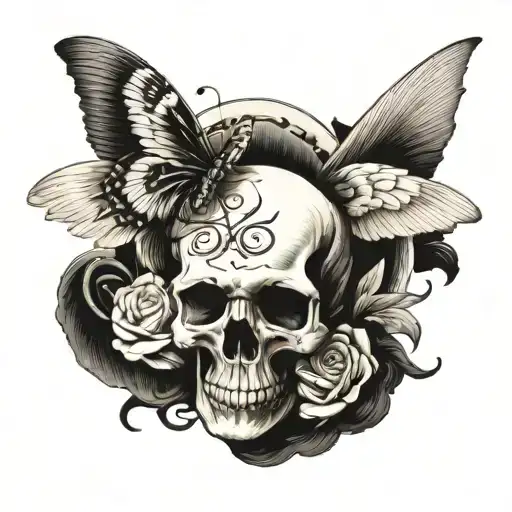 Skull In The Middle With An Angel Wing On One Side And A Butterfly Wing On The Other