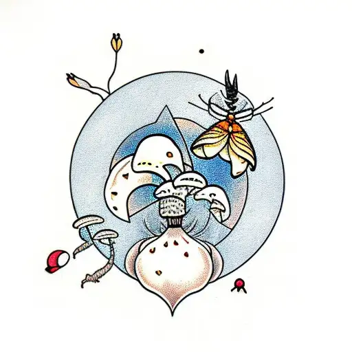 Moon And A Moth With Mushrooms And Leaves