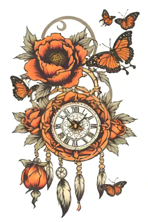 Dream Catcher With Poppy Butterflies Clock And Flying Thistle