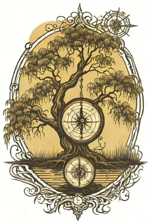 Weeping Willow Tree With Compass Interwined In The Roots
