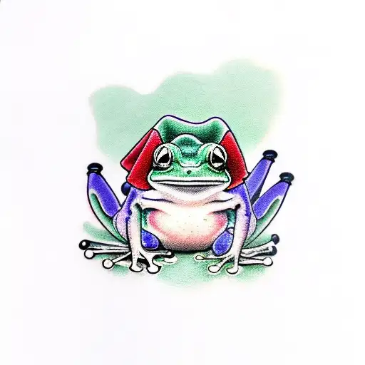 Cute Frog With Red Tea Hat With Purple Ribbon
