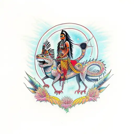 A Native Indian Woman Riding A Dragon Through A Garden Of Dahlias