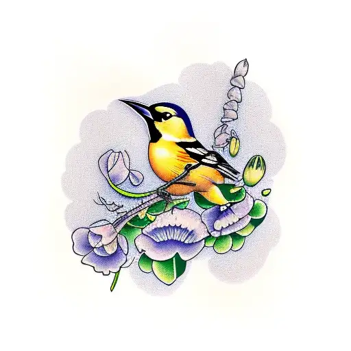 Baltimore Oriole Bird And Sweet Pea Flower
