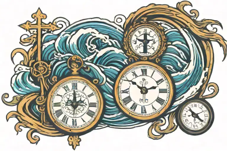 Tidal Waves Intertwined With A Clock And A Cross