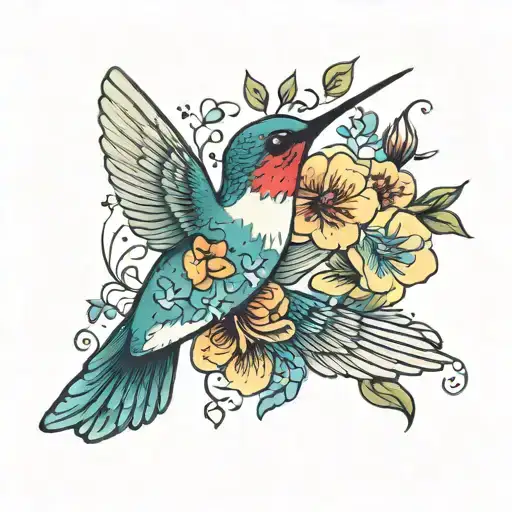 Humming Bird With Flowers And Butter Fly