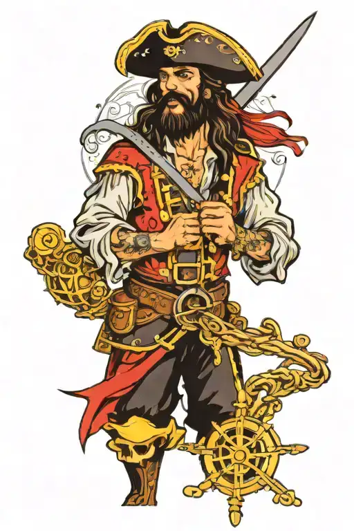 A Pirate Steering A Boat Holding A Sword With Golden Treasure