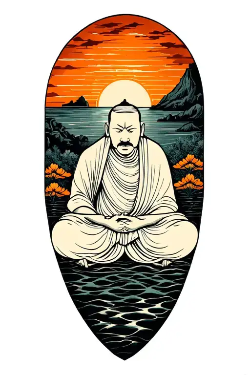 Zen Monk In A Distance Sunset