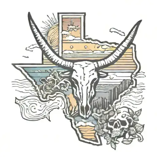 Texas Outline With Horizon And Sunset With Longhorn Skulls